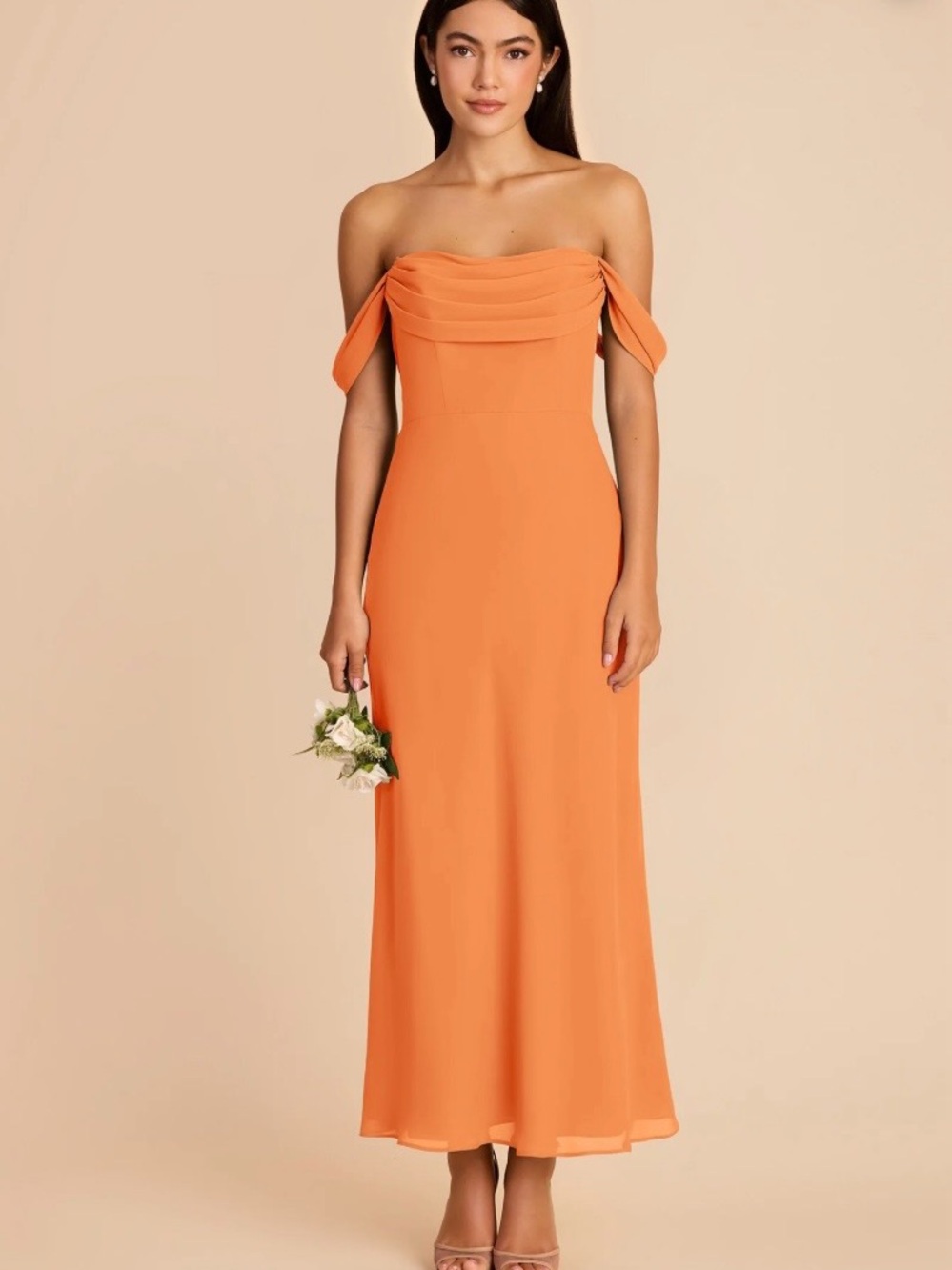 Birdy Grey Strapless Off-Shoulder Gown in Coral Orange